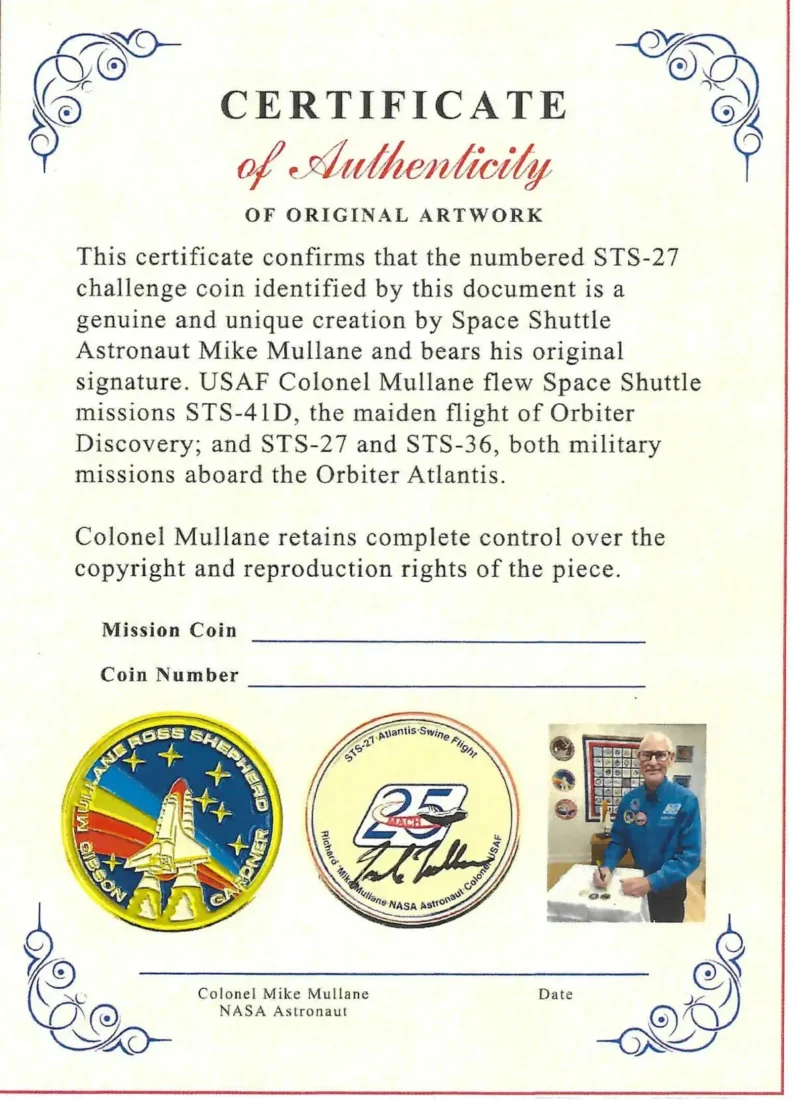 STS 27 Certificate of Authenticity